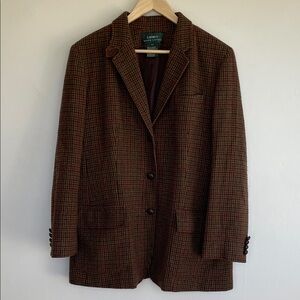 Ralph Lauren Vintage Houndstooth Tweed Suede Buttoned Rider Jacket Brown 18W